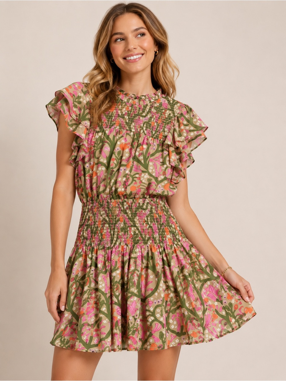Entro Smocked Floral Mini Dress L Pink Green Ruffle Sleeve Cottagecore